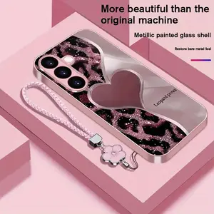 Leopard Heart Pattern Women's Glass Phone Case for Samsung Galaxy S25 ULTRA S24 FES23 S22 S21 S20 PLUS Compatible with Samsung Galaxy A73 A72 A71 A56 A55 A54 Internet Celebrity Fresh Luxury Personalized Protective Cover, Suitable for All Seasons Gift