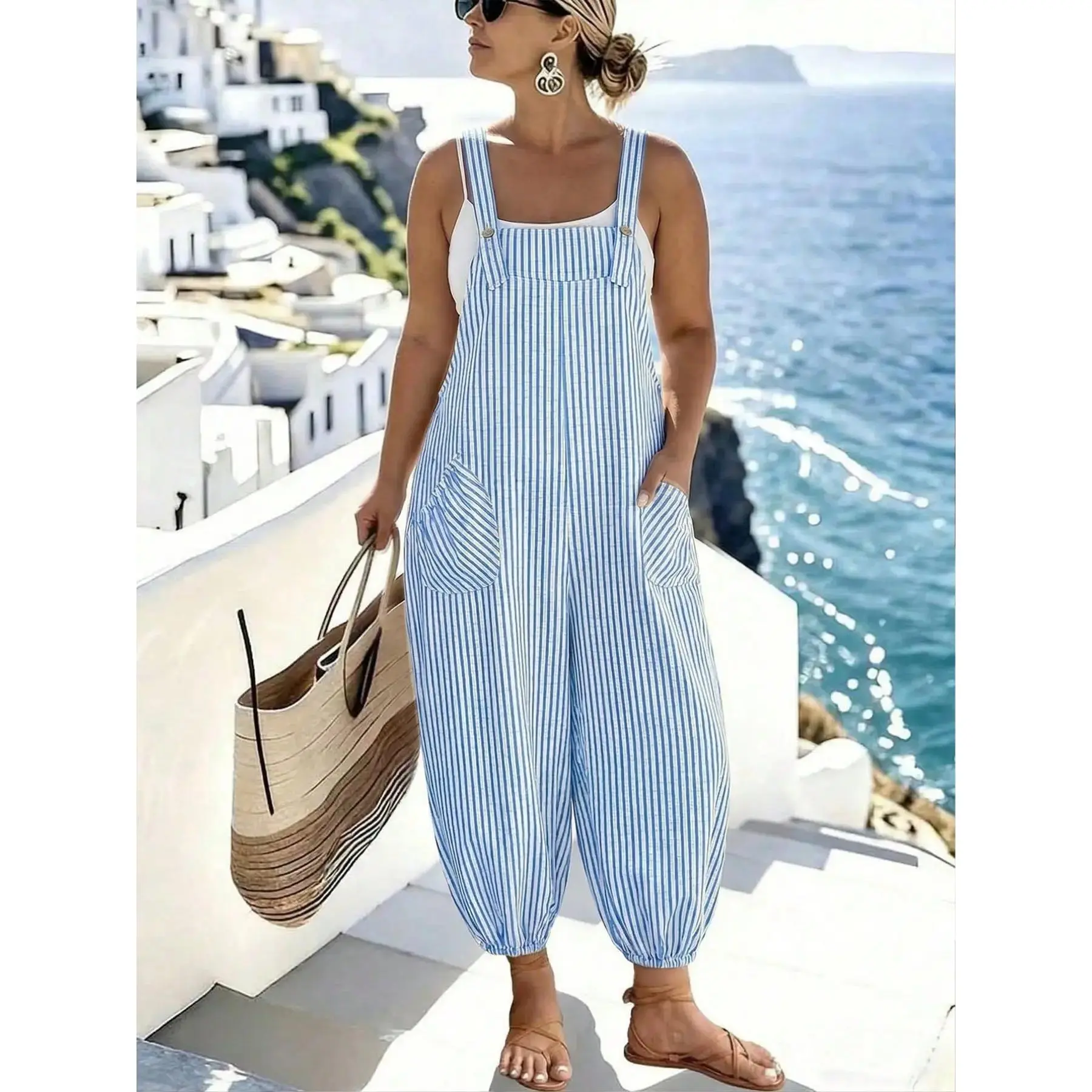 Plus Size Women's Elegant Fashion Casual Everyday Commute Checked Pocket Belted Baggy Stripe Jumpsuit Overall, Loose-Fitting All Seasons Clothing Womenswear