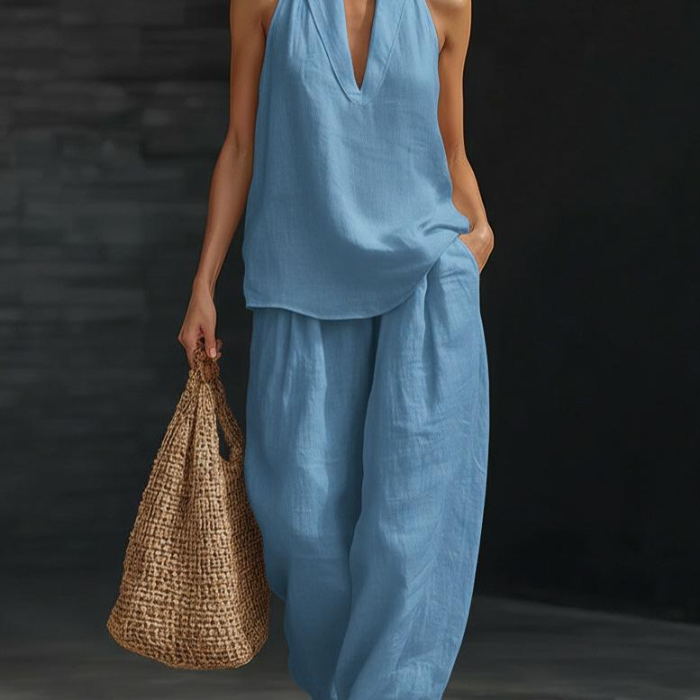 Boho Halter Neck Two Piece Set - Perfect for Beach, Vacation & Brunch! Sleeveless Top Wide Leg Pants Set #TwoPieceSet #HalterNeck #WideLegPants #Sleeveless #SummerOutfit #BohoFashion #OOTD #WomensFashion #CasualSet