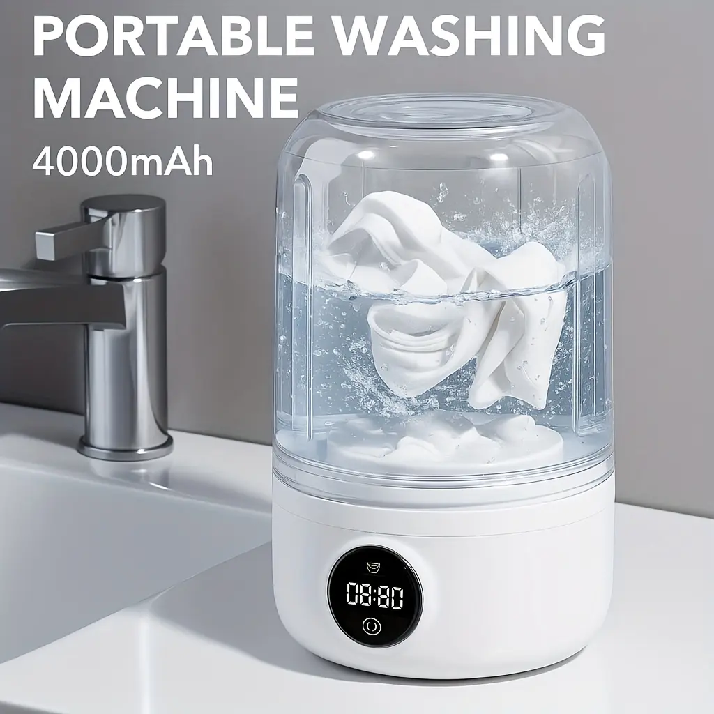 Mini Portable Washing Machine with 4000Mah Battery |     Travel Laundry Washer for Bra, Underwear, Socks |     Compact USB Rechargeable Electric Cleaner for Dorm, RV, Bathroom |     LED Display, One-Touch Operation, Space-Saving Design