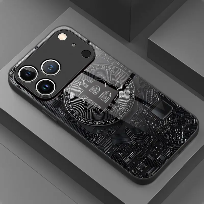 Dark-tech Bitcoin circuit pattern tempered glass phone case for iPhone 17 16 15 14 13 12 11 Pro Max Plus AIR, stylish protective case, high-end luxury black glass case, unisex phone case