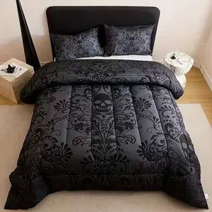 3pcs Gothic Skull Quilt Set – Black & Gray Victorian Baroque Bedding with Comforter and 2 Pillowcases, Soft Quilted Design for Bedroom & Dorm Decor