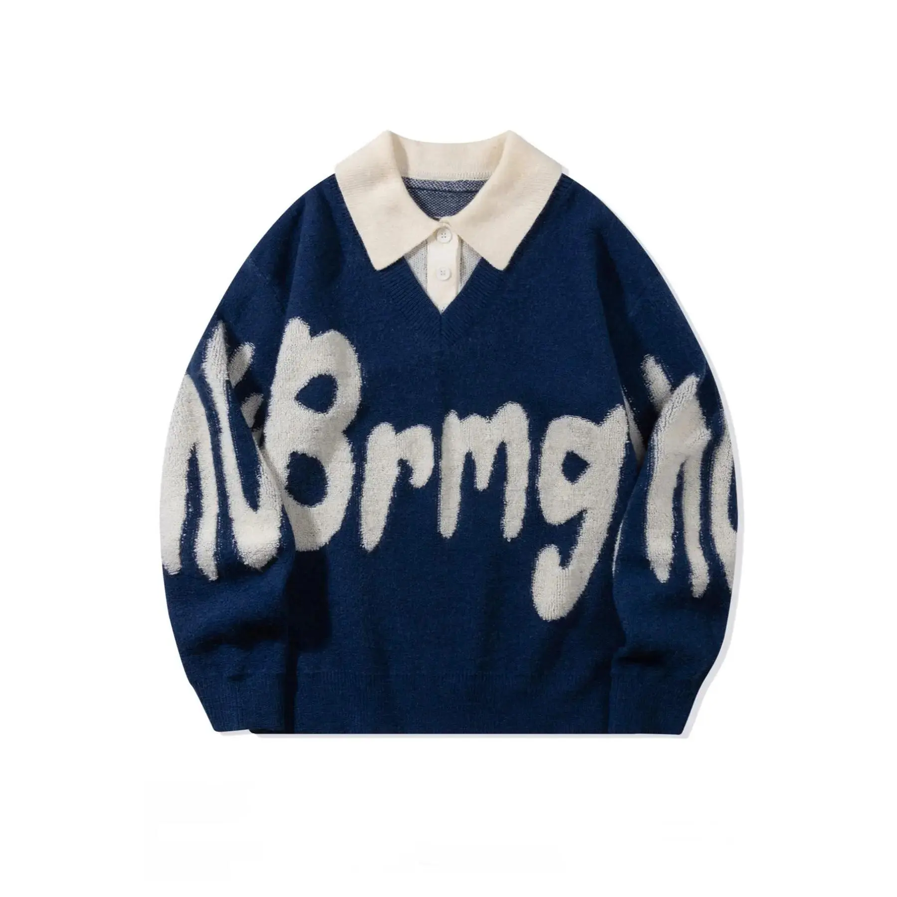 Men's Letter Pattern Sweater, Baggy Style Polo Collar Pullover, Casual Medium-Thickness Knitwear, Letters, Chic, Button, Knitted, Medium Weight, Long, Comfy Ootd, Pull On, Loose-Fitting, Baggy Style Men's Pullover, Men's Pullover, Fash