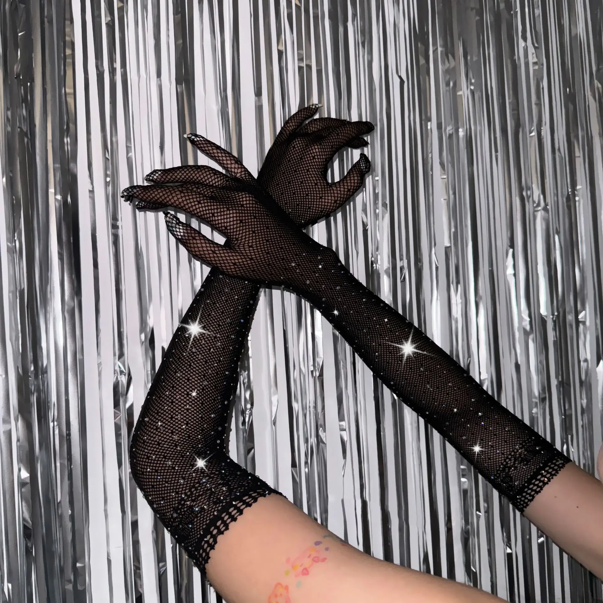 Fashion Sexy Rhinestone Dot Disco Fishnet Black Lace Colorful Crystals Gloves Electronic Music Festival Etiquette Clothing Accessories