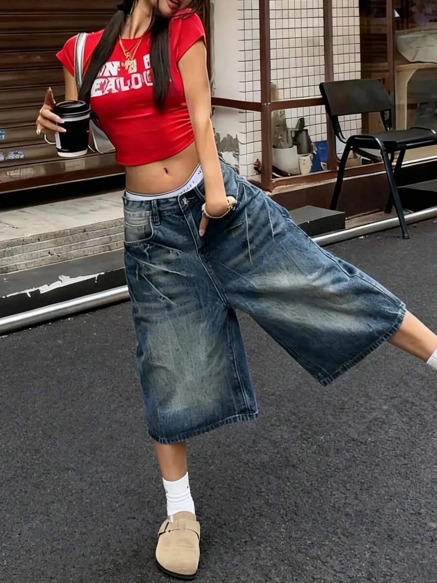 Vintage Washed Cat Whisker Pocket Wide Leg Bermuda Denim Jeans Shorts, Casual Pants,  Music Festival Summer,Low