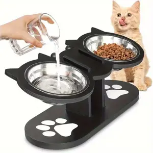 Cat Bowls Elevated, Raised Cat Food Bowls for Indoor Cats - Adjustable Heights Cat Food and Water Bowl with Black Shelf, 2 Stainless Steel Elevated Cat Bowls with 15Tilted - For Cats -  Suitable for Healthy Eating - Perfect Gift for Cat Lovers