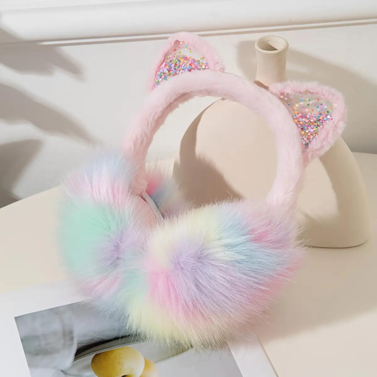 1pc Cute Cat Ear Headband with Fluffy Pom-Poms - Pastel Pink & Blue, Warm Folding Ear Muffs for Teens & Adults, Soft Polyester Hair Accessory for Cosplay, Halloween, Themed Parties, Cat Ears, Party Headwear, Playful Design, Comfortable Fit,