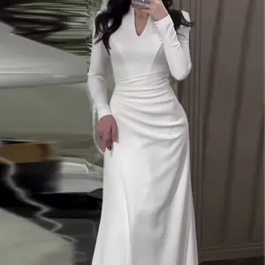 2025 New Solid Color Slim Fit Pleated Long Sleeve Dress