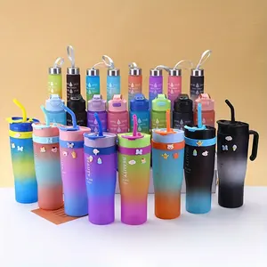 3-Pack 46 Oz/27 Oz/9.5 Oz Gradient Color Large Capacity Water Bottle, ML/800ml/280ml Travel Water Cup with Straw, Lid and Handle, Suitable for Outdoor Sports, Fitness, Travel