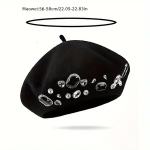 Women'S Elegant Beret Hat - Non-Stretch Formal & Everyday Winter Hat with Rhinestone Accents, Breathable Wool Beanie for Parties, Office, Casual Outfits - Luxury Party Accessory, Cute Hats, Party Headwear, Rhinestone Embellishments, Office Wear, Stylish H
