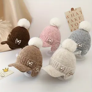 1 Children's Knit Hat with Sun Visor and Pom-Pom - Elastic Fit Fantasy Butterfly Decorated Earflaps, Suitable for Outdoor Activities, Thick and Warm Winter Hat for Kids Ages 4 to 8, Hand Wash -