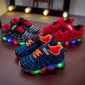 Boys' High-Top Spider Net Woven LED Light Casual Sneakers, Breathable Nonslip Athletic Sneaker Footwear for Walking, Running