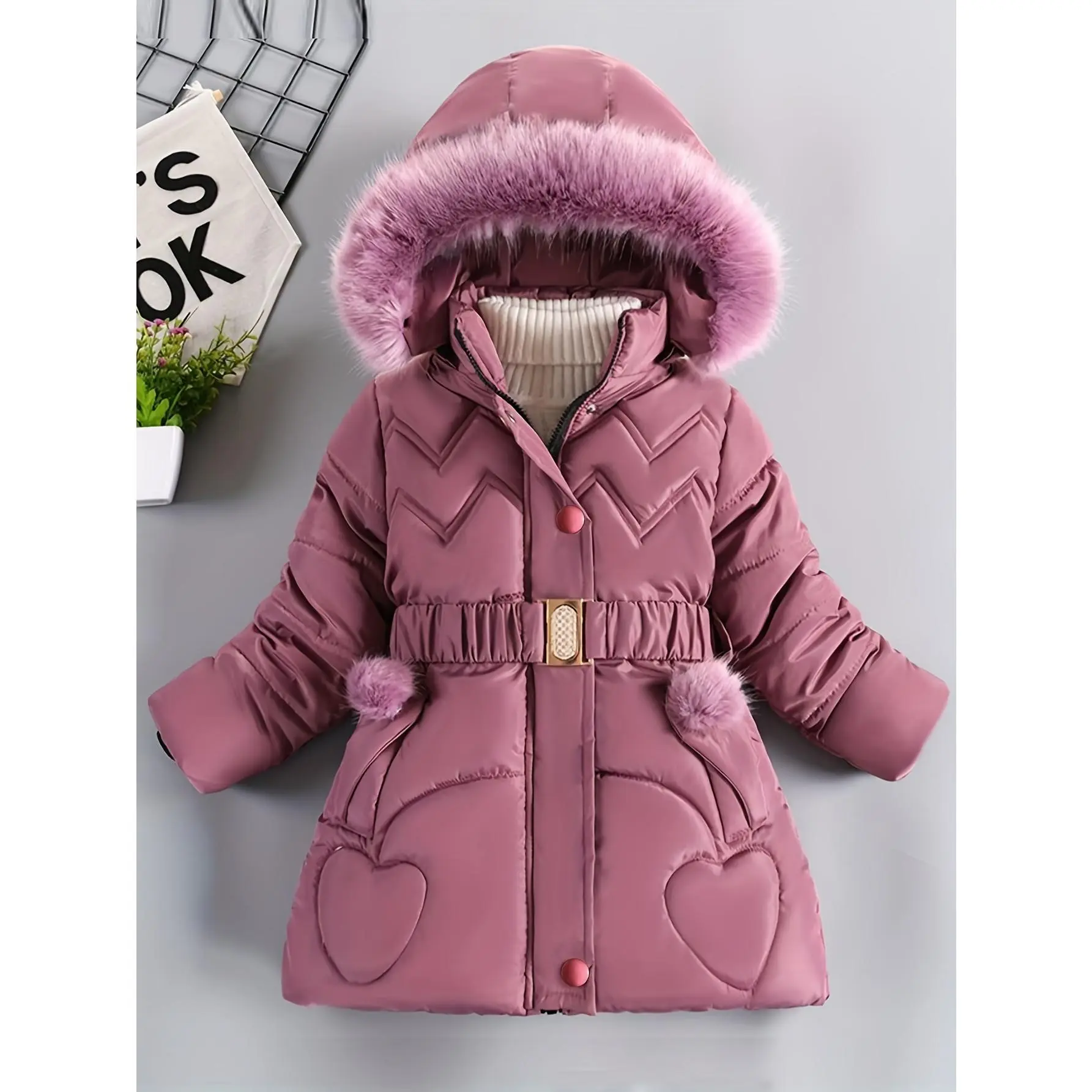 NewAutumn Winter Girls Coat Keep Warm Thicken Kids Jacket Hooded Zipper Princess Outerwear Children Clothing with Belt in Pocket, Seasonal Kids Wear, Cold Weather Coat, Stylish Children Coat, Filling, Cozy Winter Wear, Belted Jacket, Schoolage Kids, Child