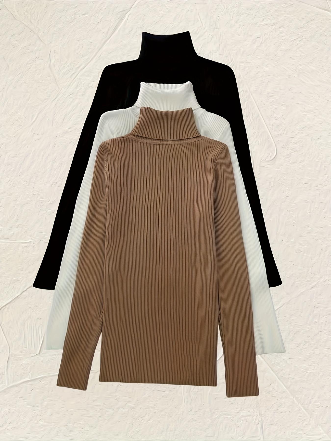 Women's 3-Pack Long-Sleeve Knitted Turtleneck Pullover Sweaters - Solid Color, Casual Fall Winter Basic High-Neck Clothes
