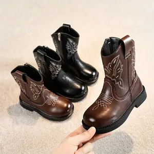 Girls &-Top Western Cowboy Boots - -like Upper,- Rubber Sole, Brown/Black/ with Decorative & Ornate Strap - Comfortable Round Toe & Cushioned Insole Everyday & Formal Events - Durable All-Terrain Boots & Girls - Stylish PU Upper with Breathable Lining & D