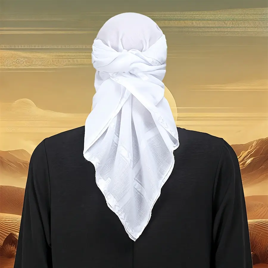 51-Inch White Ghutrah Shemagh, Unisex Polyester 100% with Fine Lace, Boho Geometric-Pattern, All-Season Regular Fit, Hand Washable, Woven Middle Eastern Headscarf for Ramadan, Eid, Spring Festival