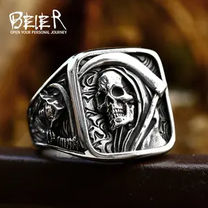 Beier New Stainless Steel Men's Ring European and American Punk Hip Hop Grim Reaper Skull Ring Halloween Decorative Ring Unisex Stainless Steel Skull Ring