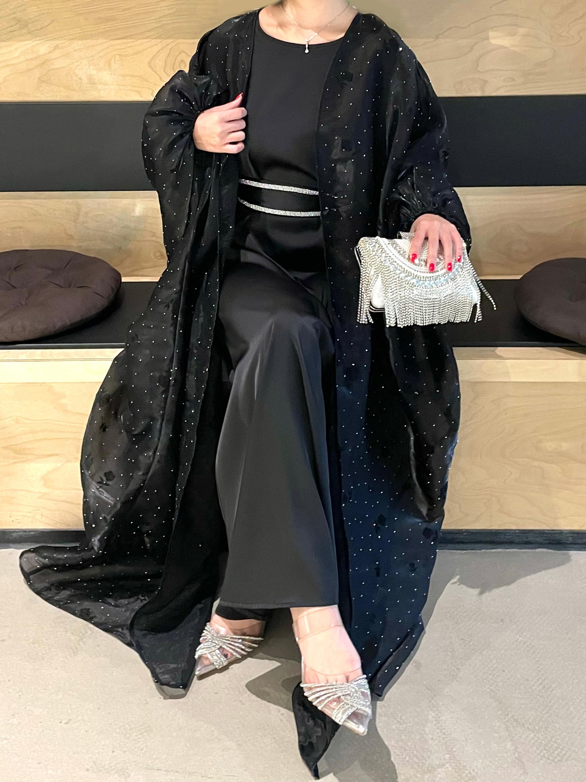 CL44 Organza Rose flower shiny abaya set, butterfly abaya with inner dress and crystal embellished belt,suitable for any occasions,Formal Chic【Fashionweek】 Modest Women