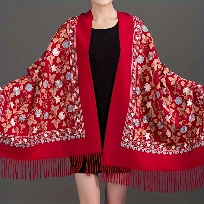 Women's Blanket Scarf with Artistic Floral Embroidery, All-Seasons Polyester Fringed Wrap for Casual Dress Wear, Accessories For Women, Artistic Blooming Floral Embroidery, Wrap Scarf, Fringed Edge, Bohemian Scarves & Shawls, Colorful Embroidery Shawls