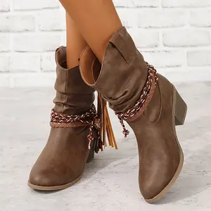 Pleated Braid Rope Loop Tassel Slip-On Chunky Heel Mid-Heel Round Toe Riding Boots Western Boots Halloween European and American Fashion Women's Boots Girl Walking Shoes Footwear Comfort Brown Gal Onyx