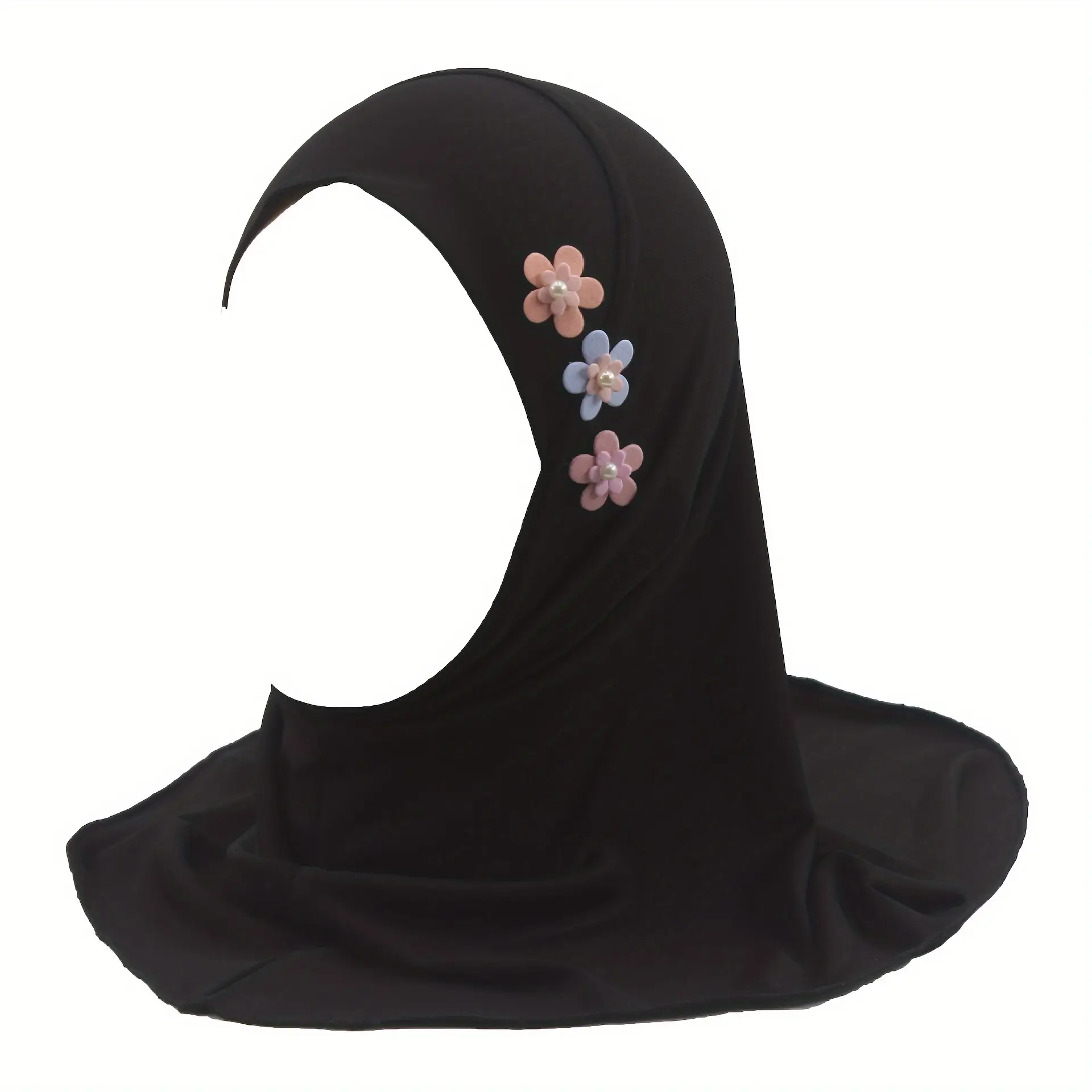 Elegant Black Malay-Style Girls' Hijab with Beautiful Floral Accents - Lightweight, Breathable Polyester, Adjustable Fit for Ages 3-6, Perfect for All