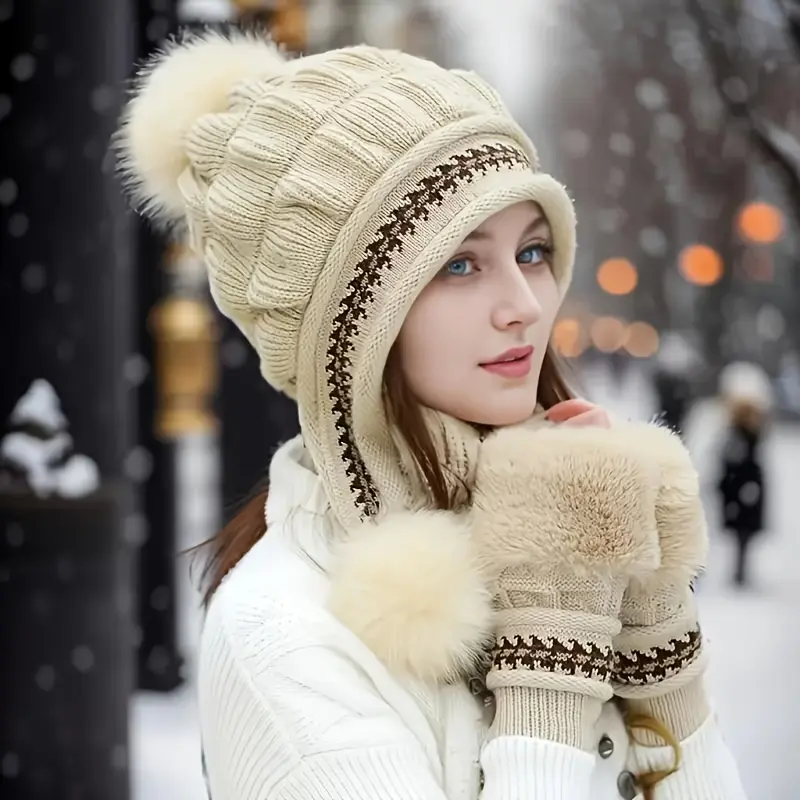 2-Piece Women's Winter Hat and Glove Set - Thick Fleece Lined Beige/White/Black/Brown, Soft Fur Trim and Ear Flaps, Elastic Fit for Skiing, Snowboarding, Outdoor Cold Weather - Cozy Winter Accessory with Plush Trim, Hand Wash or Dry Clean, Fits All Head S